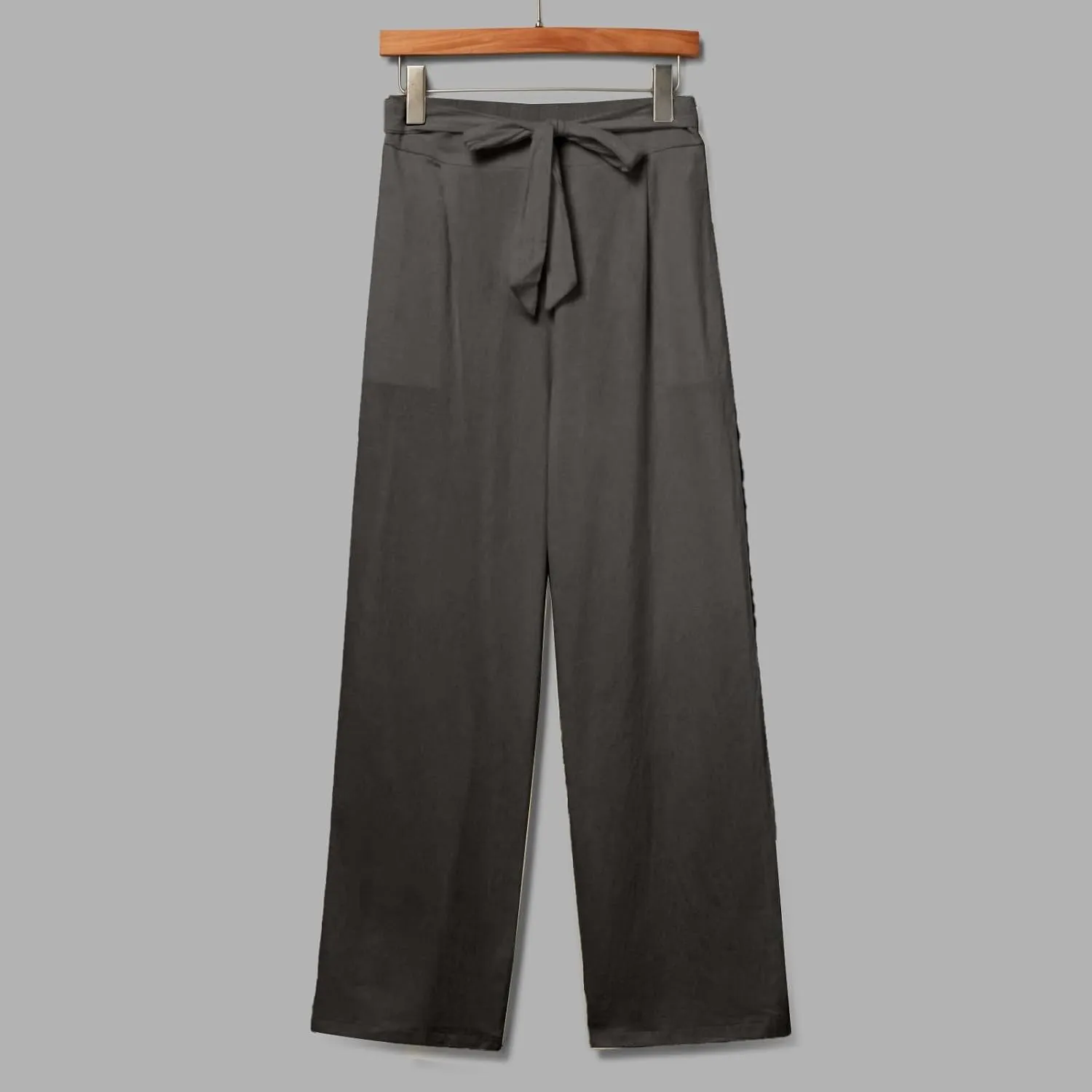 Womens Cotton Linen Vintage Belted Wide Leg Pants Casual Loose Elastic Drawstring Comfy Palazzo Trousers with Pockets