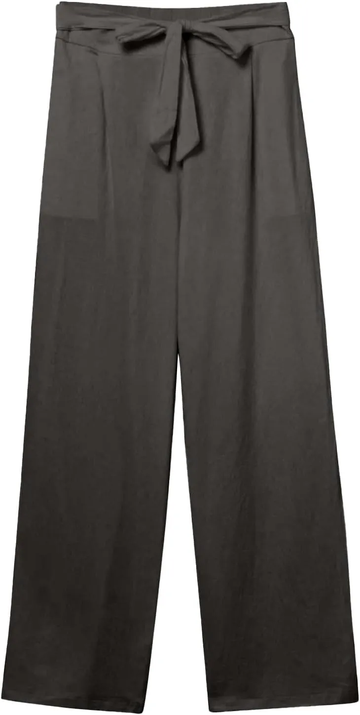 Womens Cotton Linen Vintage Belted Wide Leg Pants Casual Loose Elastic Drawstring Comfy Palazzo Trousers with Pockets