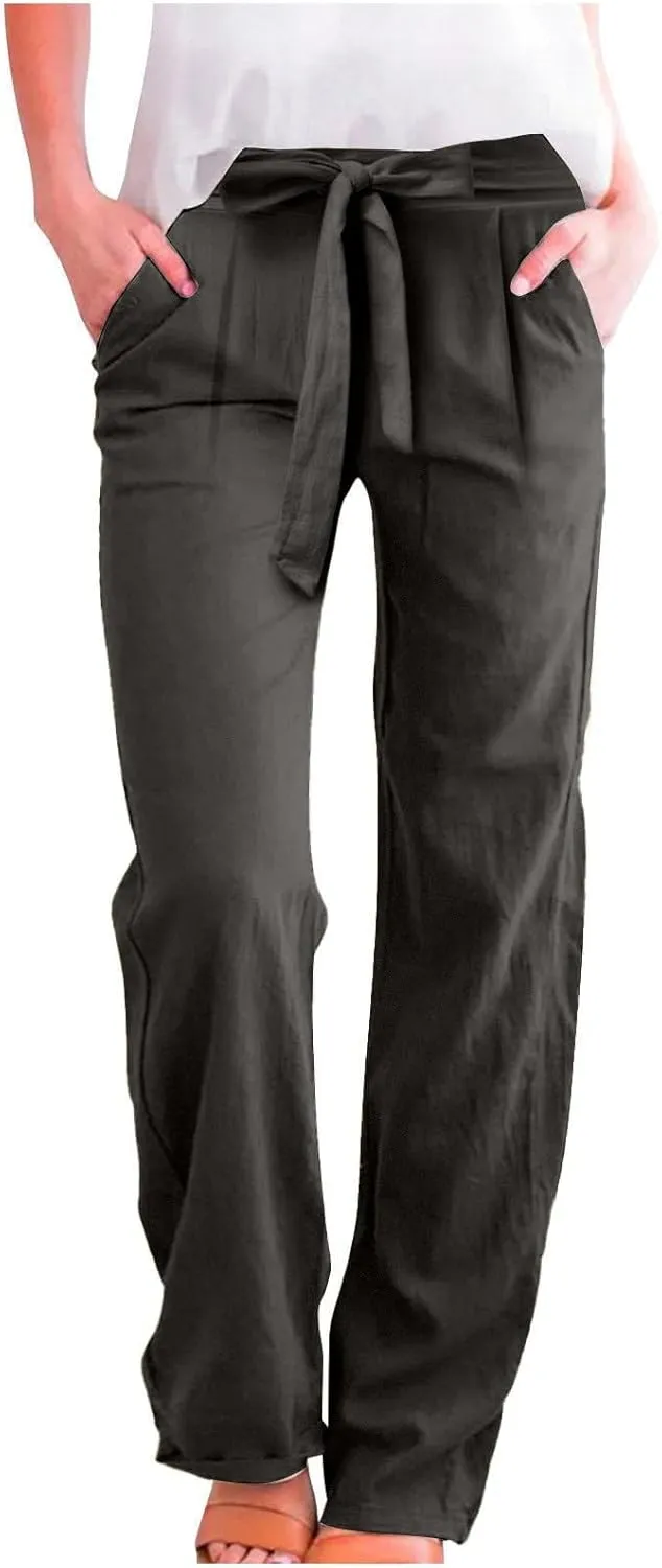 Womens Cotton Linen Vintage Belted Wide Leg Pants Casual Loose Elastic Drawstring Comfy Palazzo Trousers with Pockets