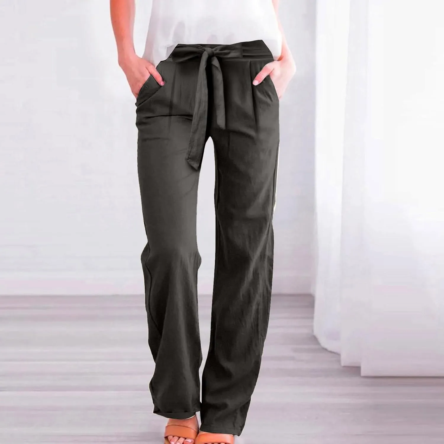 Womens Cotton Linen Vintage Belted Wide Leg Pants Casual Loose Elastic Drawstring Comfy Palazzo Trousers with Pockets