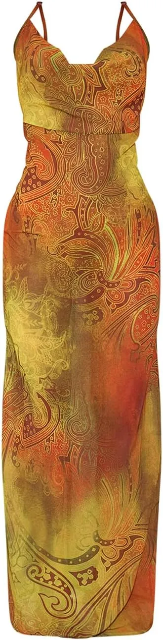 Womens Cowl Neck Dress Floral Print Backless Maxi Dresses Wedding Guest Beach Dresses