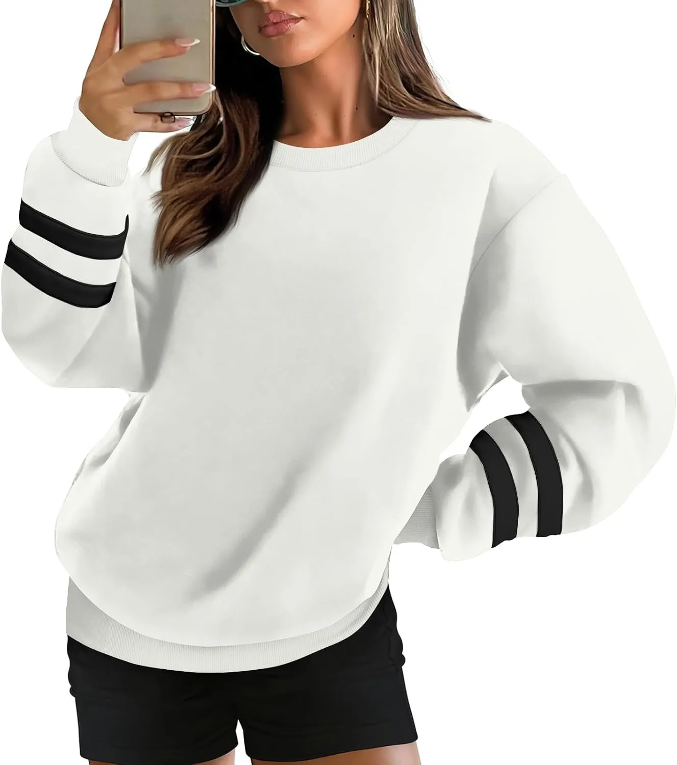 Womens Crewneck Sweatshirt Winter Fleece Plus Size Hoodie Color Block Loose Cute Sweatshirts No Hood Y2k Sweater