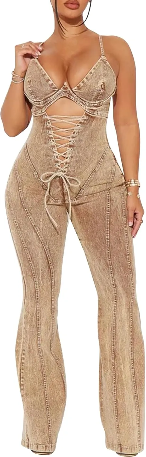 Women's Denim Jumpsuit Spaghetti Straps Sleeveless Flared Sexy Romper Summer Casual Jean Jumpsuits Outfits