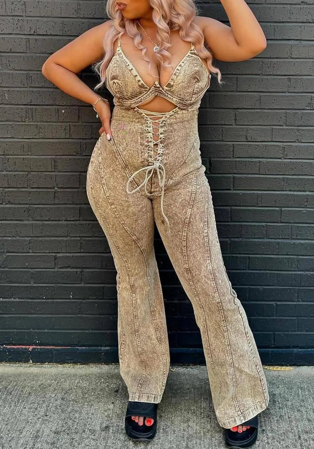 Women's Denim Jumpsuit Spaghetti Straps Sleeveless Flared Sexy Romper Summer Casual Jean Jumpsuits Outfits