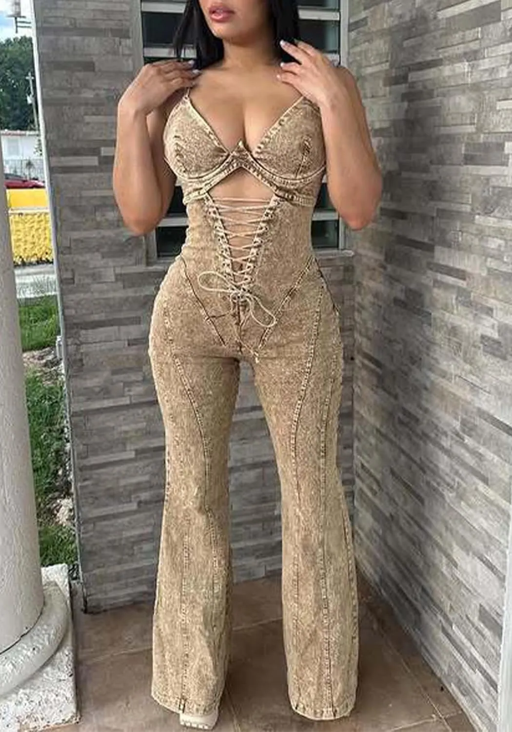 Women's Denim Jumpsuit Spaghetti Straps Sleeveless Flared Sexy Romper Summer Casual Jean Jumpsuits Outfits