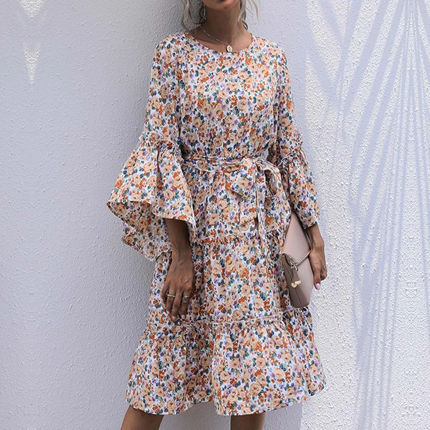 Womens Dresses Casual Ruffle Long Sleeve Dress Fall Dresses 2024 Floral Loose Smocked Tiered Flowy Boho Long Dresses