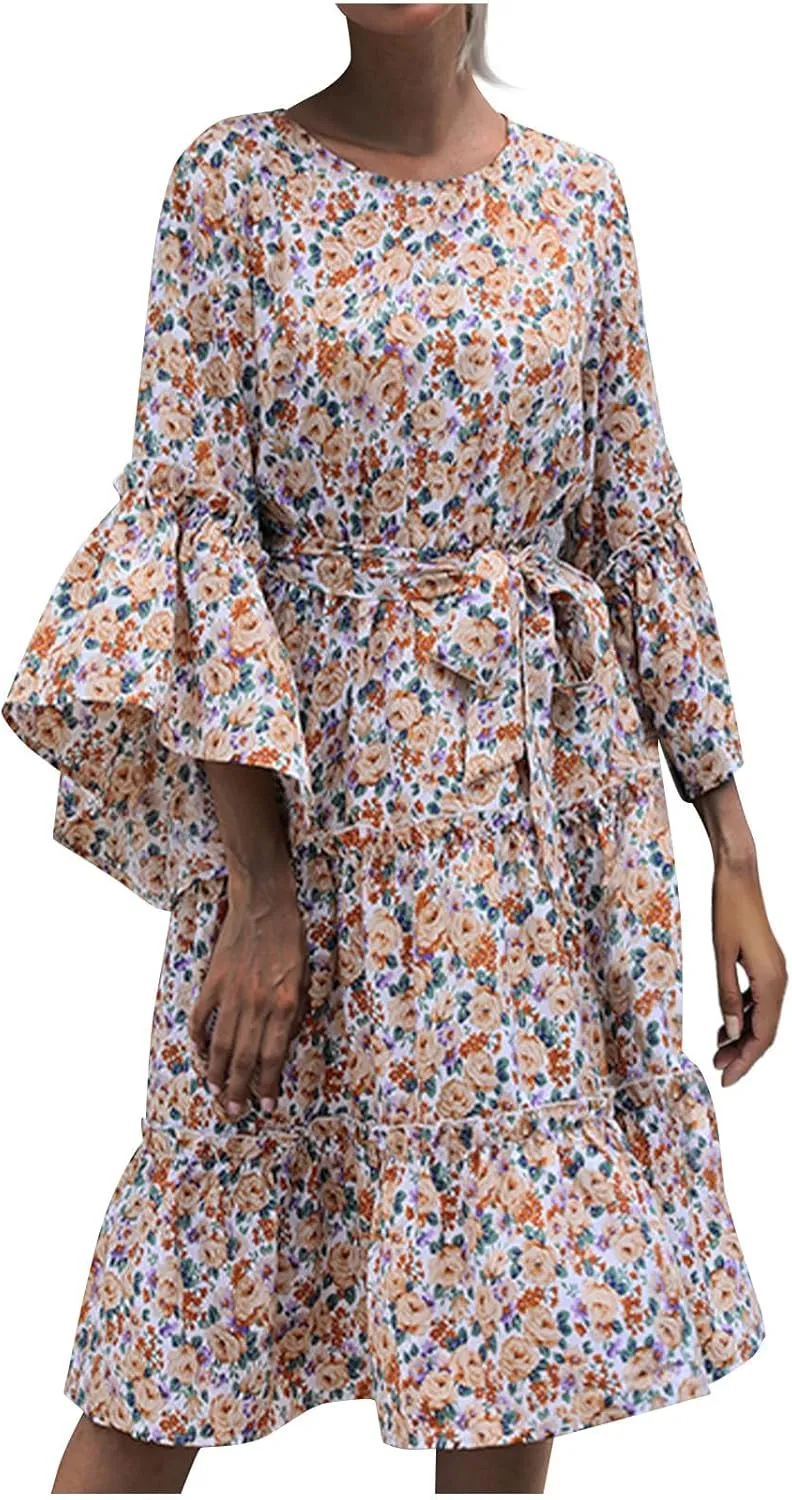 Womens Dresses Casual Ruffle Long Sleeve Dress Fall Dresses 2024 Floral Loose Smocked Tiered Flowy Boho Long Dresses