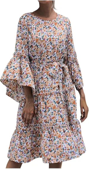 Womens Dresses Casual Ruffle Long Sleeve Dress Fall Dresses 2024 Floral Loose Smocked Tiered Flowy Boho Long Dresses