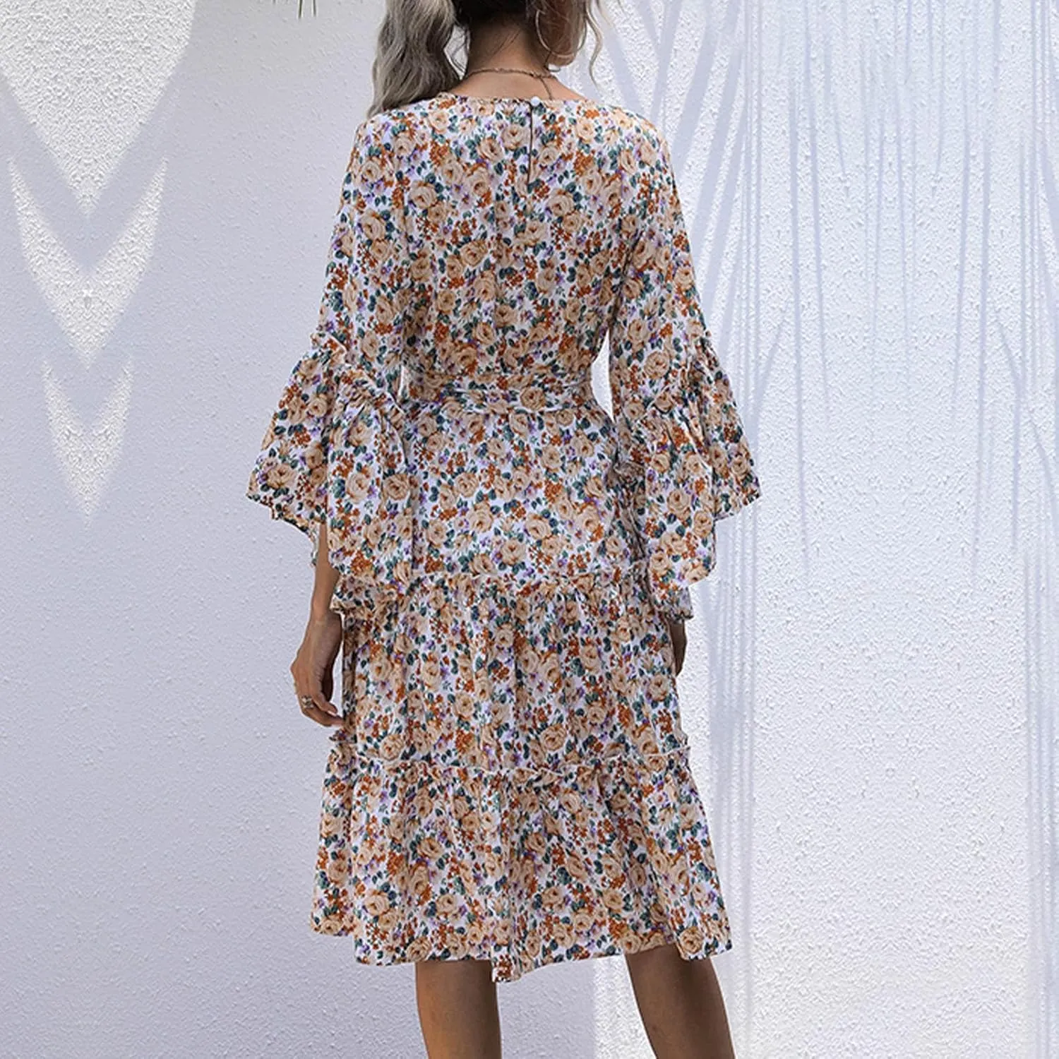 Womens Dresses Casual Ruffle Long Sleeve Dress Fall Dresses 2024 Floral Loose Smocked Tiered Flowy Boho Long Dresses