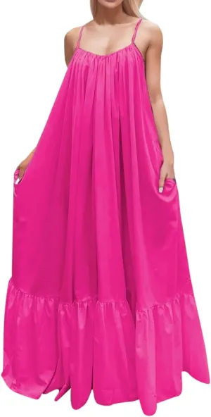 Womens Elegant Sleeveless Color Block Pleated Maxi Dress Low Cut Patchwork Swing Dress High Waist A Line Flowy Sling Dress
