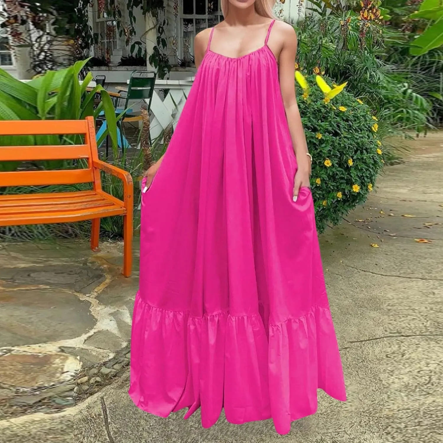 Womens Elegant Sleeveless Color Block Pleated Maxi Dress Low Cut Patchwork Swing Dress High Waist A Line Flowy Sling Dress