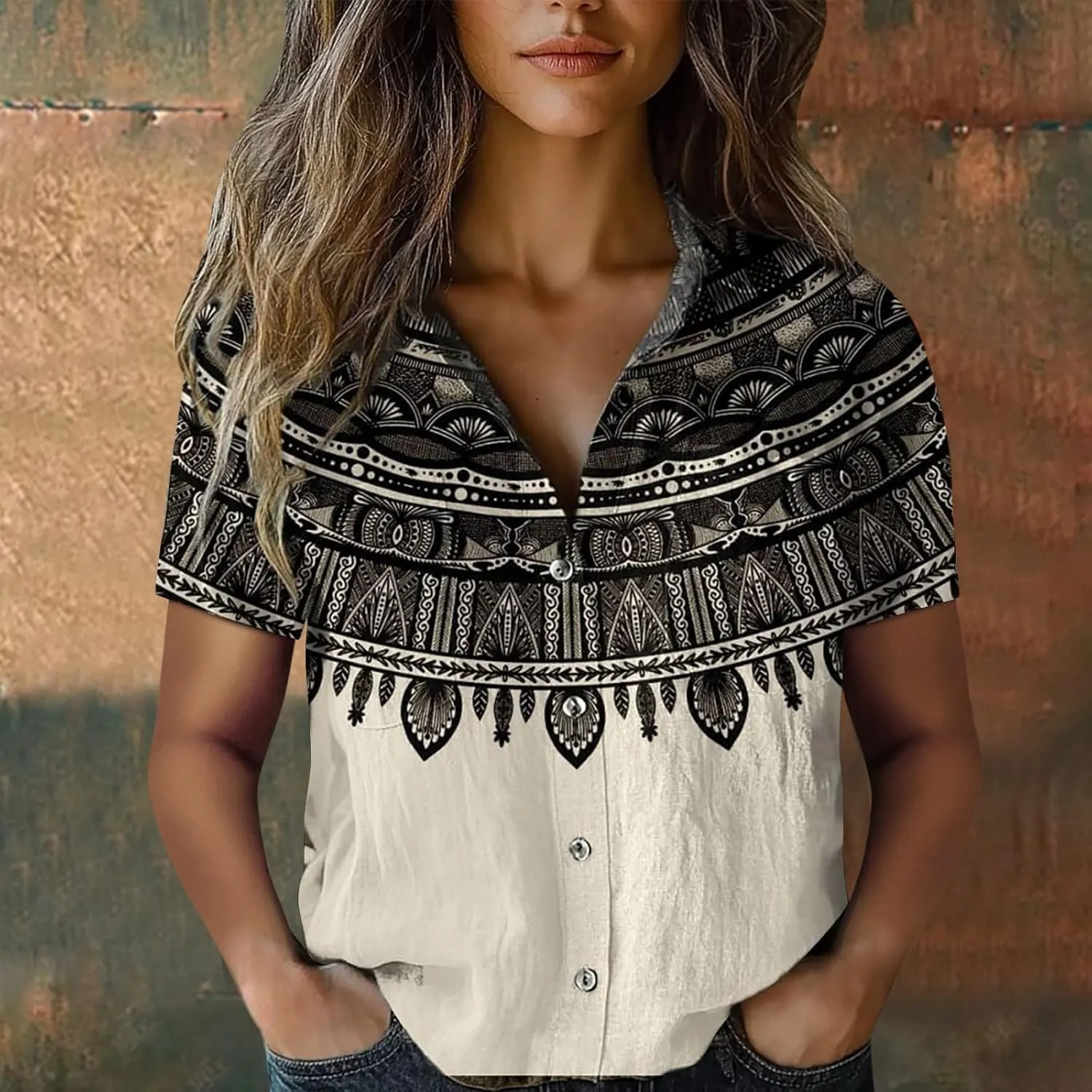Womens Ethnic Shirts Floral Print Button Down Shirt Fashion Linen Short Sleeve Blouse Retro Boho Clothes Casual Tops