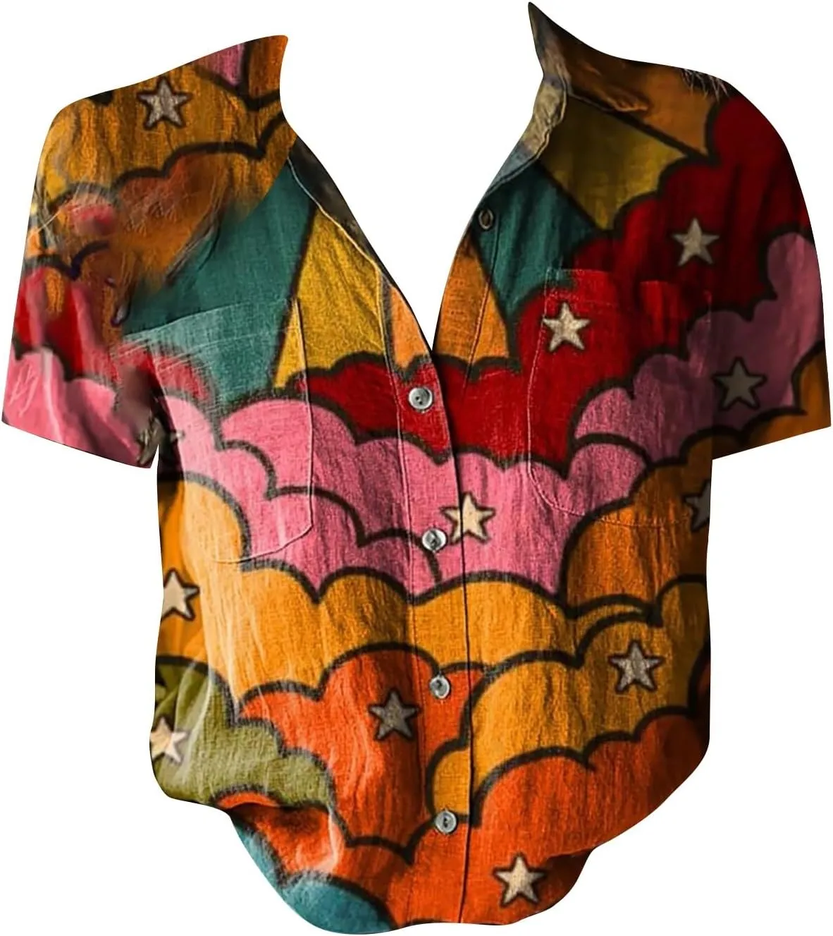Womens Ethnic Shirts Floral Print Button Down Shirt Fashion Linen Short Sleeve Blouse Retro Boho Clothes Casual Tops
