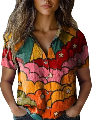 Womens Ethnic Shirts Floral Print Button Down Shirt Fashion Linen Short Sleeve Blouse Retro Boho Clothes Casual Tops