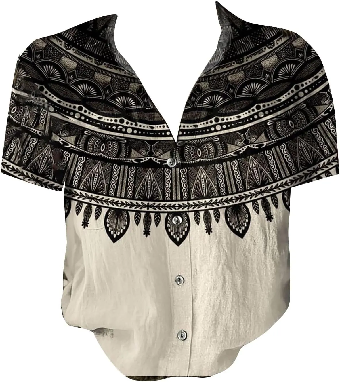 Womens Ethnic Shirts Floral Print Button Down Shirt Fashion Linen Short Sleeve Blouse Retro Boho Clothes Casual Tops