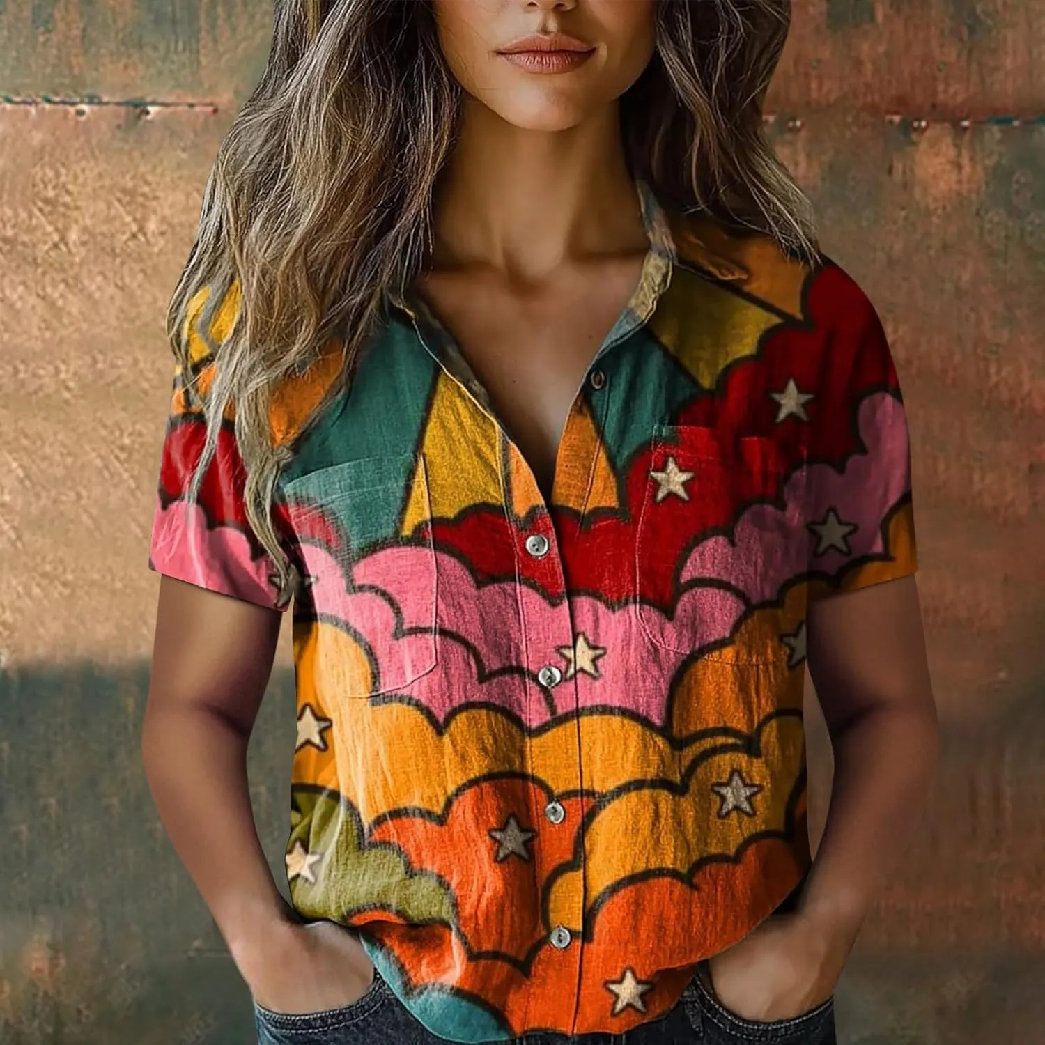 Womens Ethnic Shirts Floral Print Button Down Shirt Fashion Linen Short Sleeve Blouse Retro Boho Clothes Casual Tops
