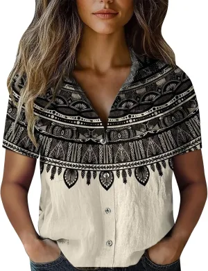 Womens Ethnic Shirts Floral Print Button Down Shirt Fashion Linen Short Sleeve Blouse Retro Boho Clothes Casual Tops