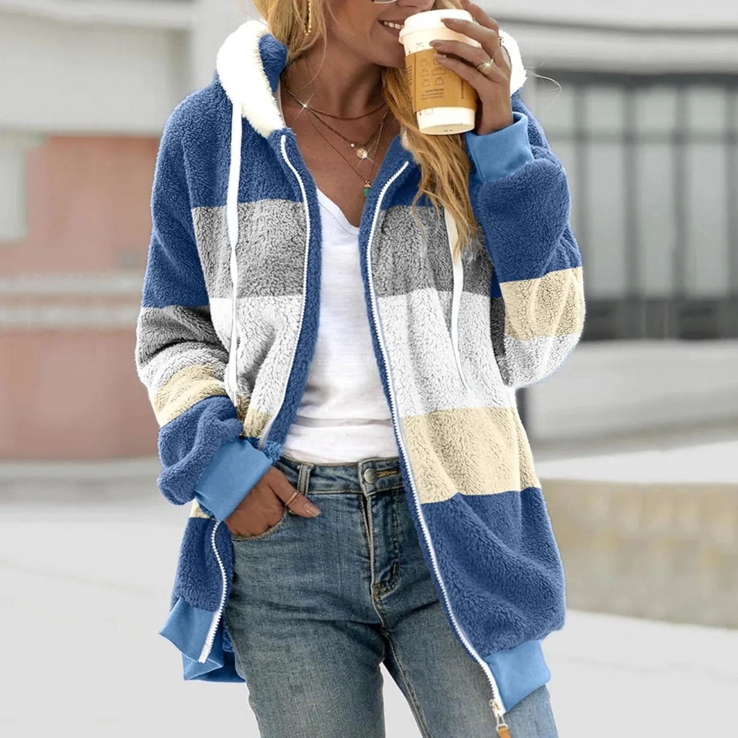 Womens Fall Clothes Plush Hooded Sweatshirts Long Sleeve Oversized Hoodies Zip Hood Winter Pullover Coats with Pocket