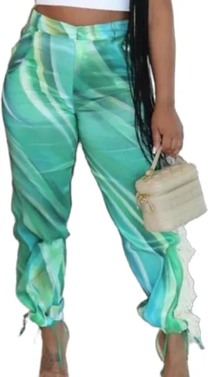 Womens Fringe Pants High Waist Printing Tassel Wide Leg Trousers Joggers Casual Satin Pants