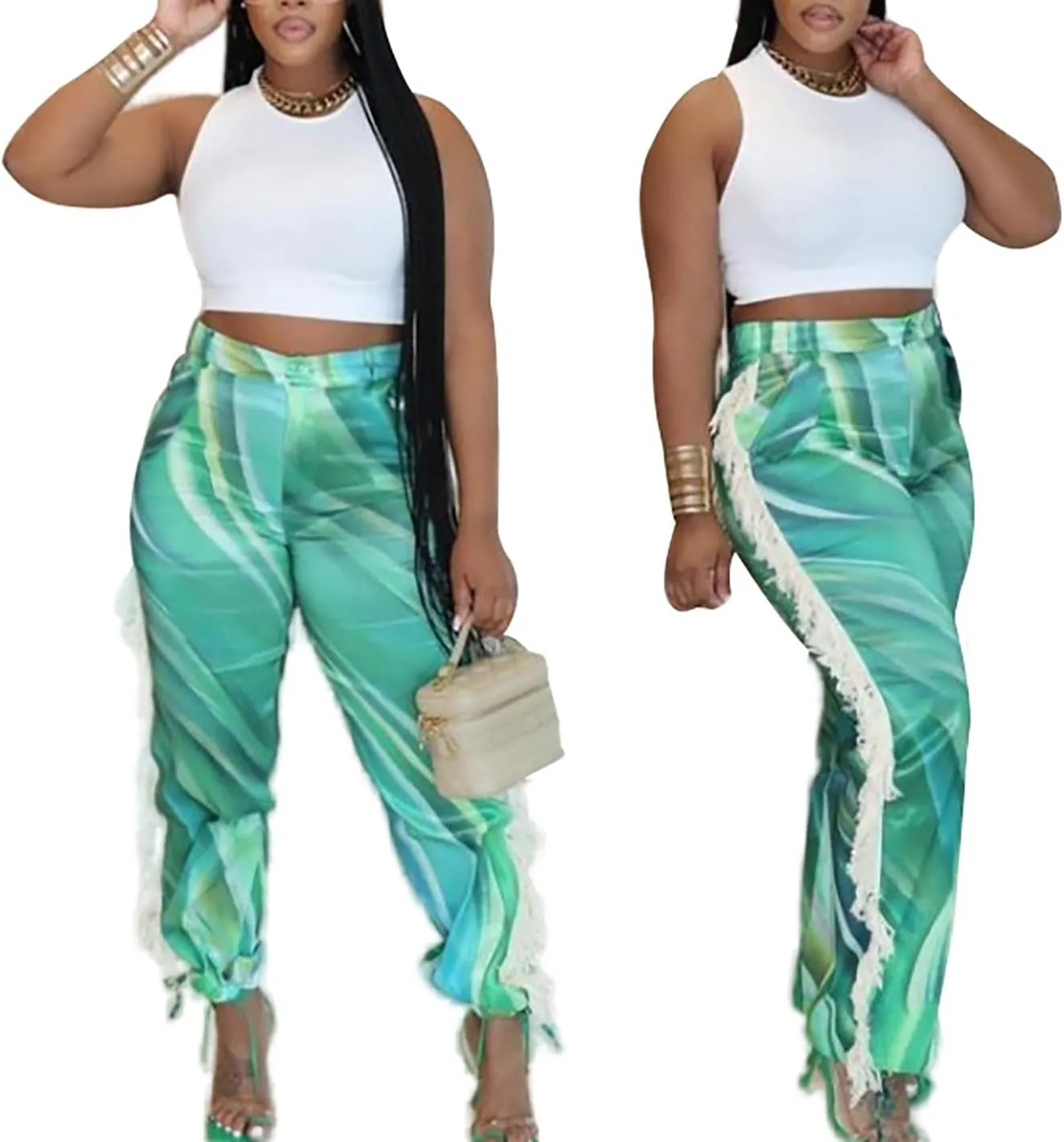 Womens Fringe Pants High Waist Printing Tassel Wide Leg Trousers Joggers Casual Satin Pants