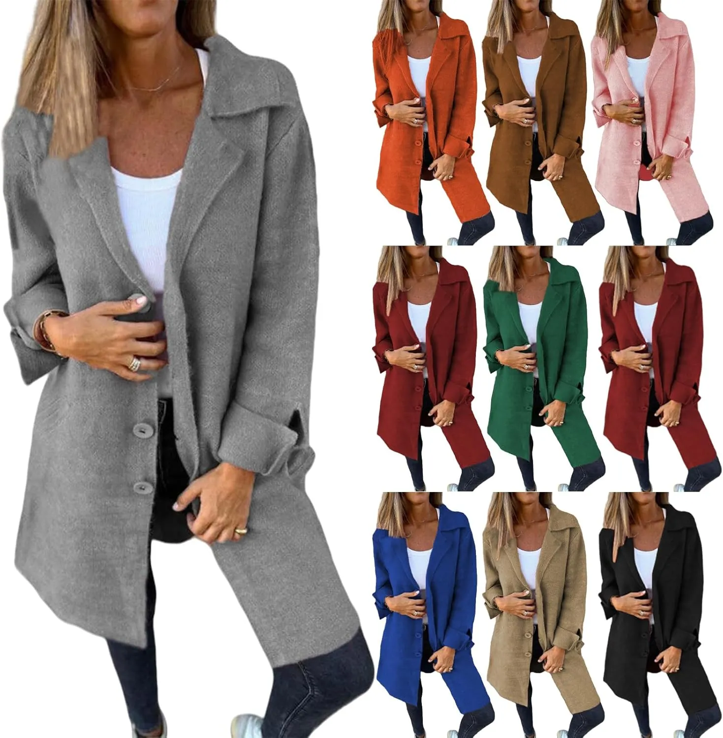 Womens Jackets Notched Collar Cardigan Single Breasted Pea Coat Loose Fit Solid Color Trench Jacket