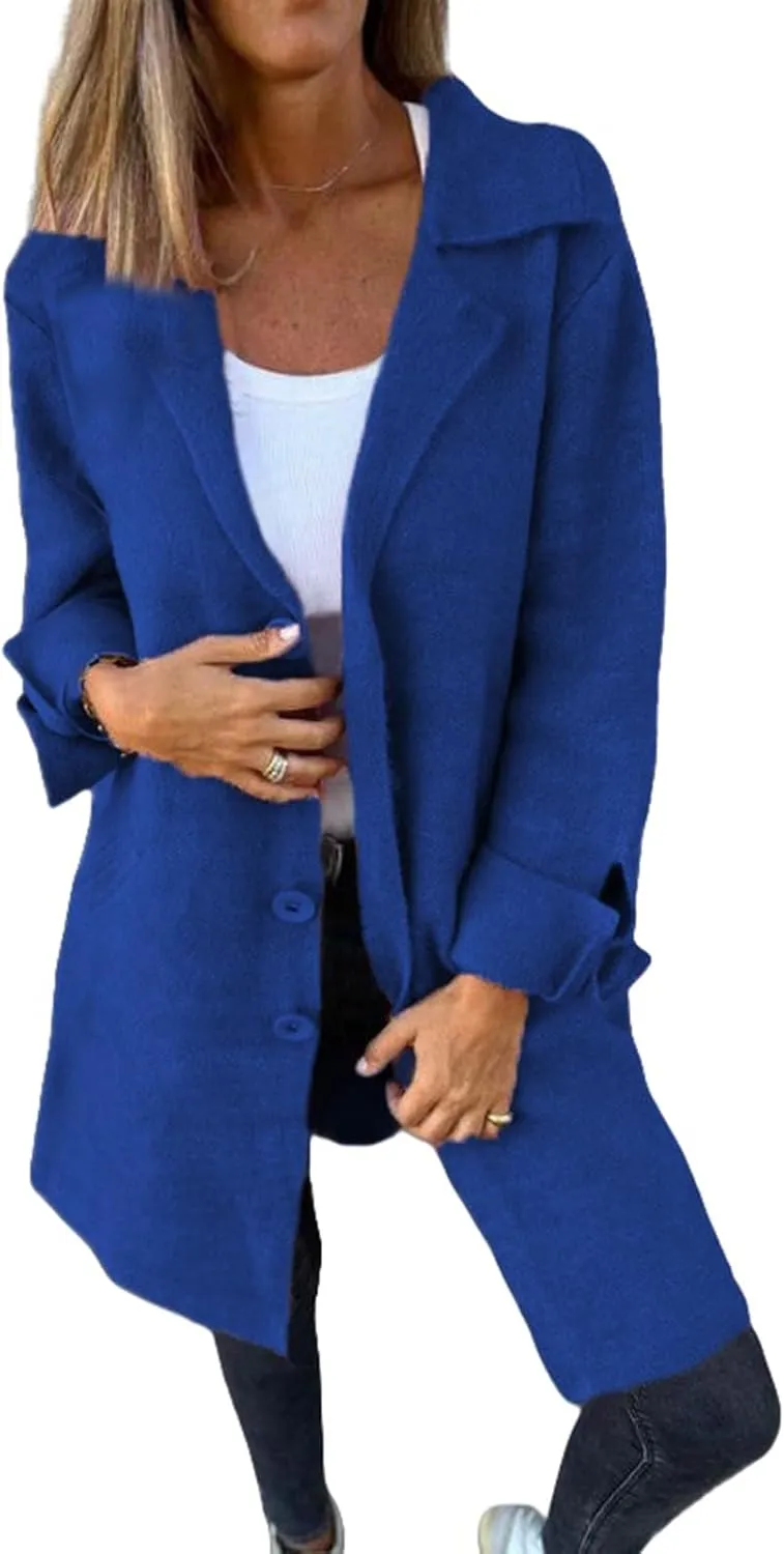 Womens Jackets Notched Collar Cardigan Single Breasted Pea Coat Loose Fit Solid Color Trench Jacket