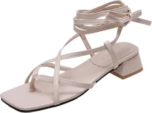 Women's Lace Up Chunky Heel Sandals Strappy Straps Ankle Wrap Heels Dressy Square Toe Cross Straps Party Thong Shoes