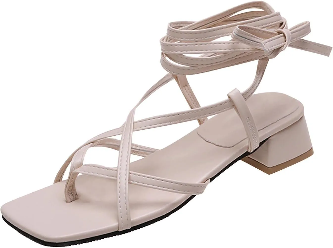 Women's Lace Up Chunky Heel Sandals Strappy Straps Ankle Wrap Heels Dressy Square Toe Cross Straps Party Thong Shoes
