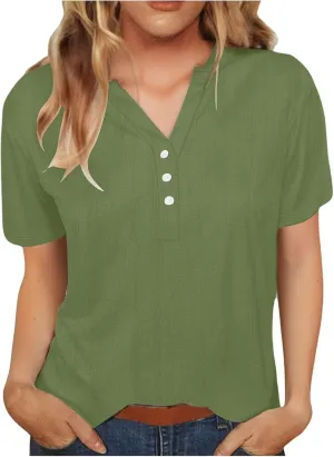 Womens Linen Button Down Shirts Short Sleeve V Neck Tshirts Light Weight Plain Blouses Casual Loose Fit Tunic Tops