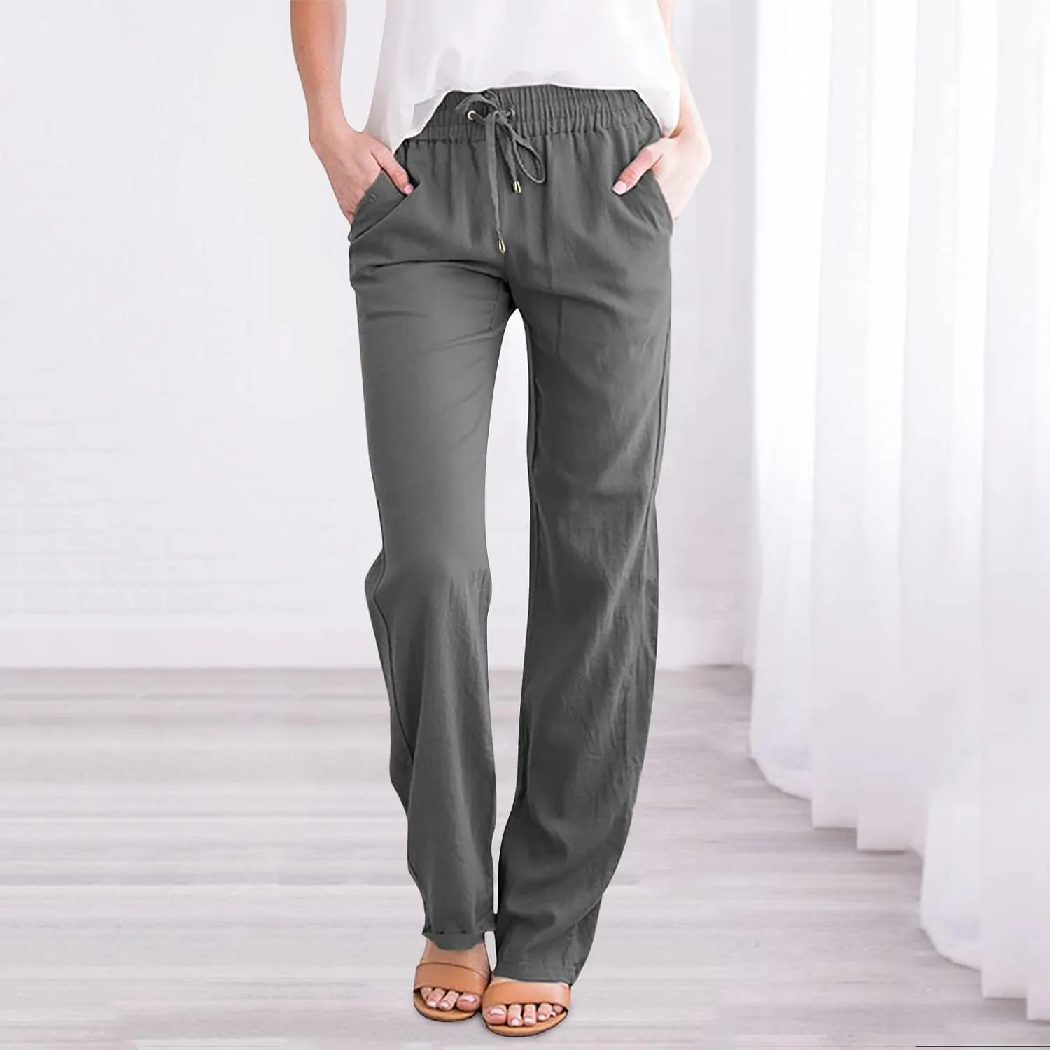 Women's Linen Pants Casual Summer Loose Beach Solid Color Plus Size High Waist Linen Pants Elastic Waist Streetwear Trousers