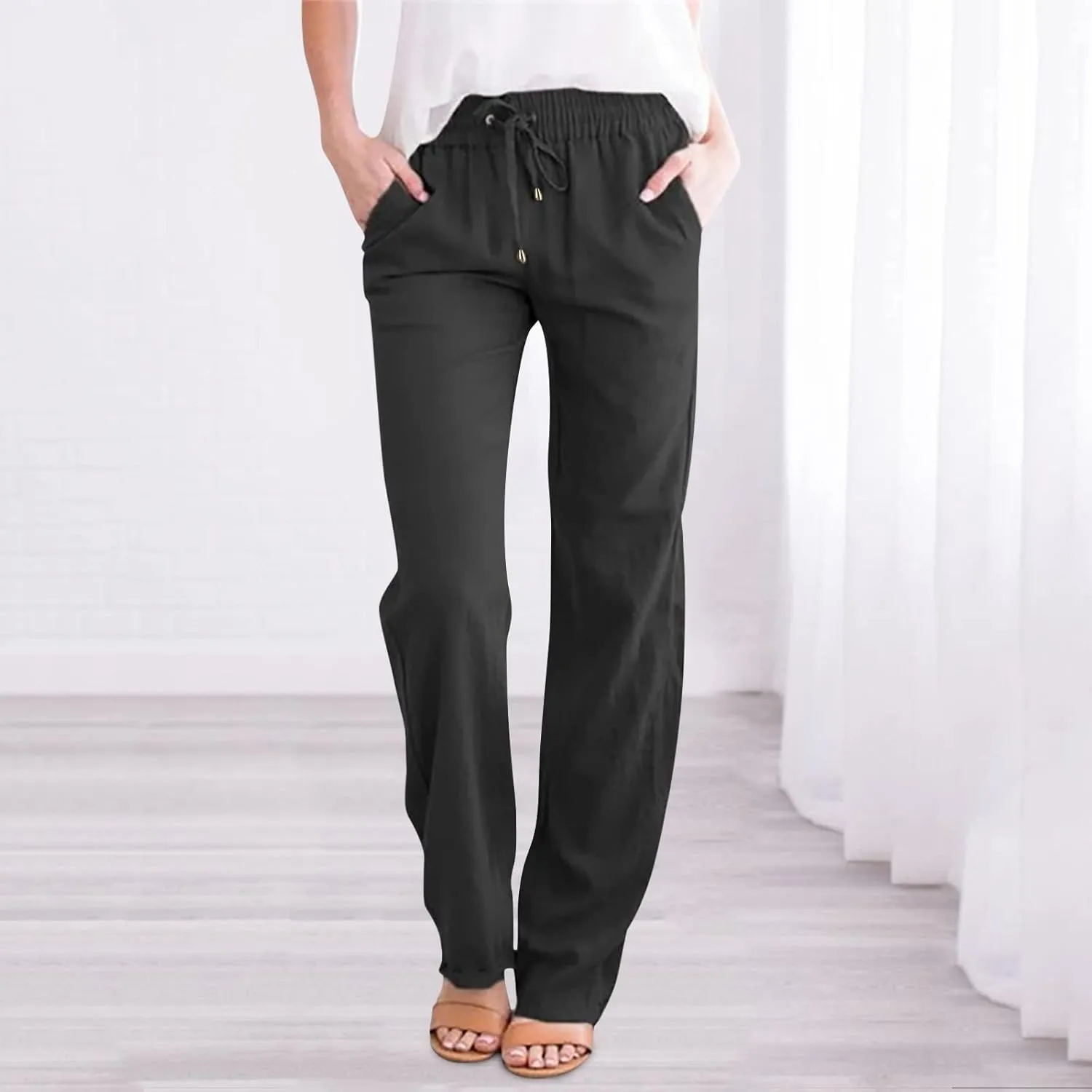 Women's Linen Pants Casual Summer Loose Beach Solid Color Plus Size High Waist Linen Pants Elastic Waist Streetwear Trousers