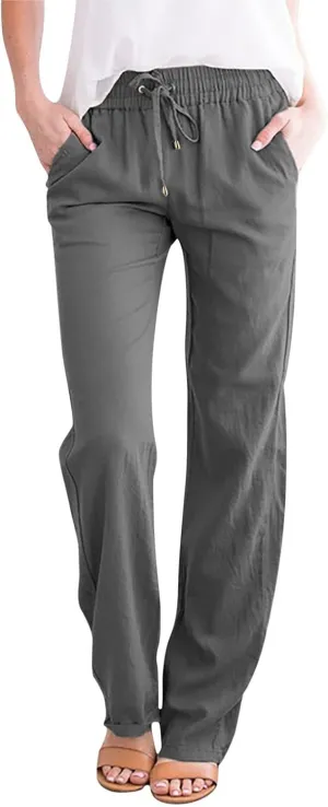 Women's Linen Pants Casual Summer Loose Beach Solid Color Plus Size High Waist Linen Pants Elastic Waist Streetwear Trousers