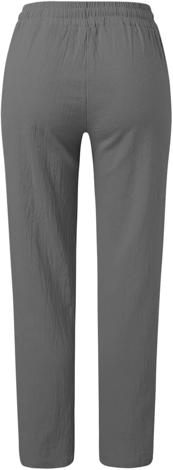 Women's Linen Pants Casual Summer Loose Beach Solid Color Plus Size High Waist Linen Pants Elastic Waist Streetwear Trousers
