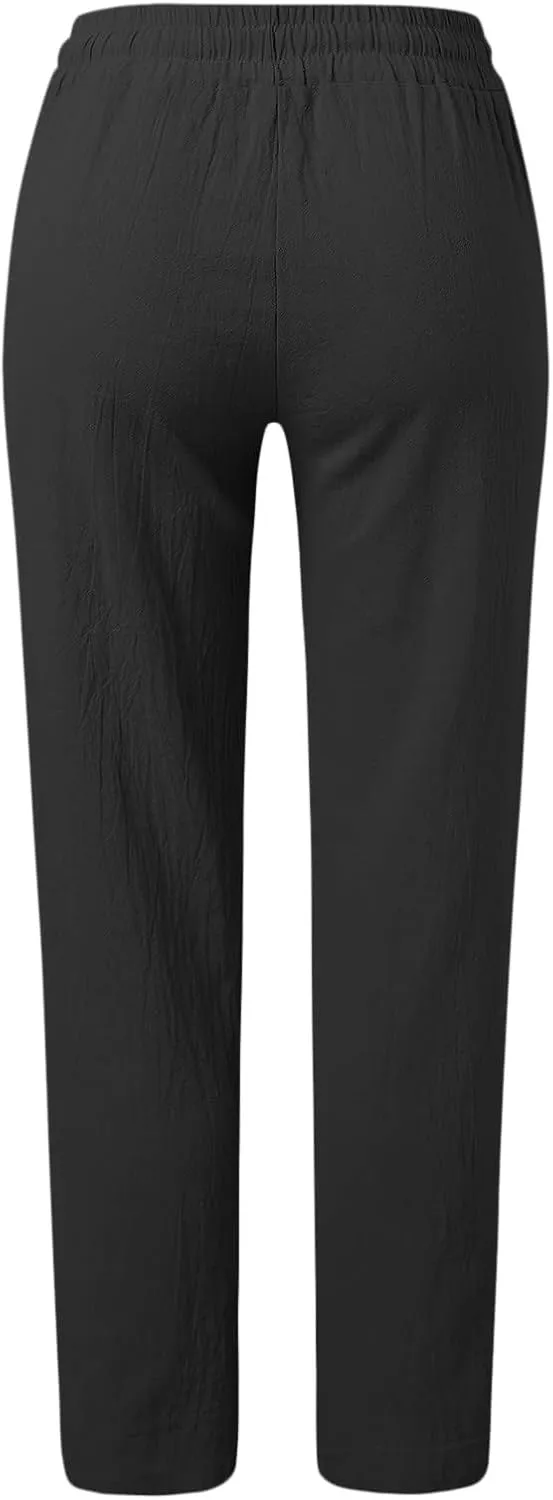 Women's Linen Pants Casual Summer Loose Beach Solid Color Plus Size High Waist Linen Pants Elastic Waist Streetwear Trousers