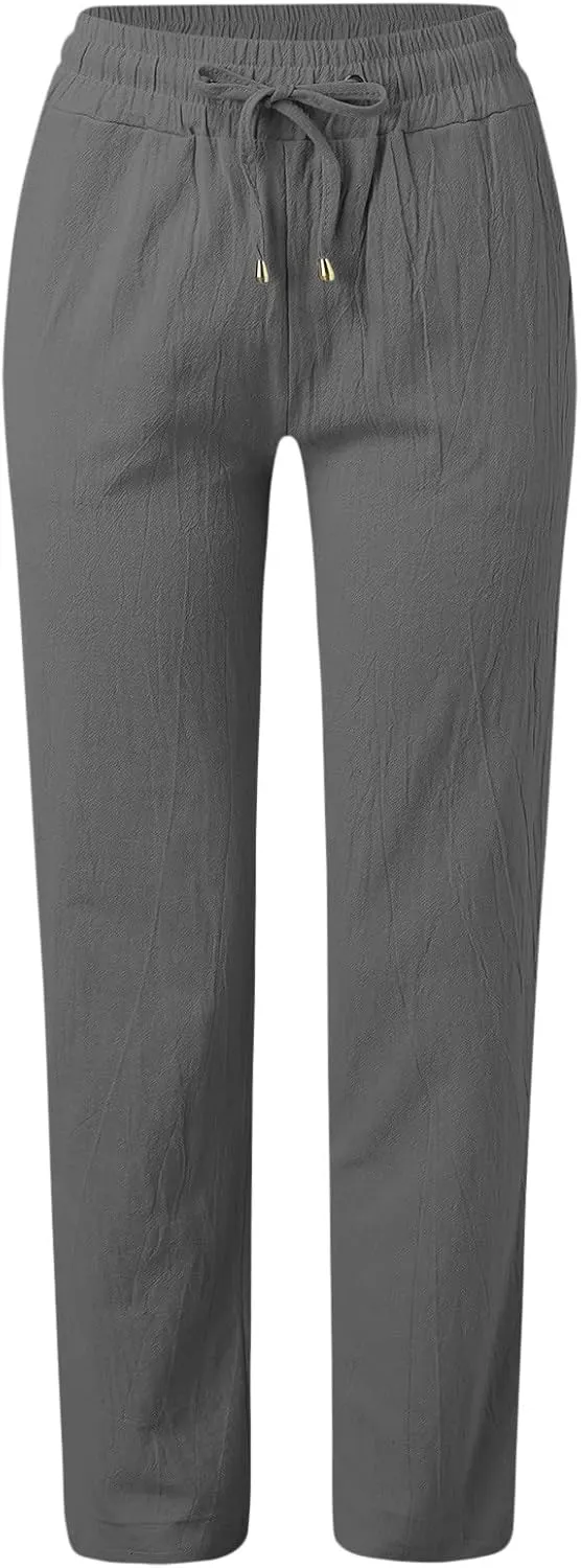 Women's Linen Pants Casual Summer Loose Beach Solid Color Plus Size High Waist Linen Pants Elastic Waist Streetwear Trousers