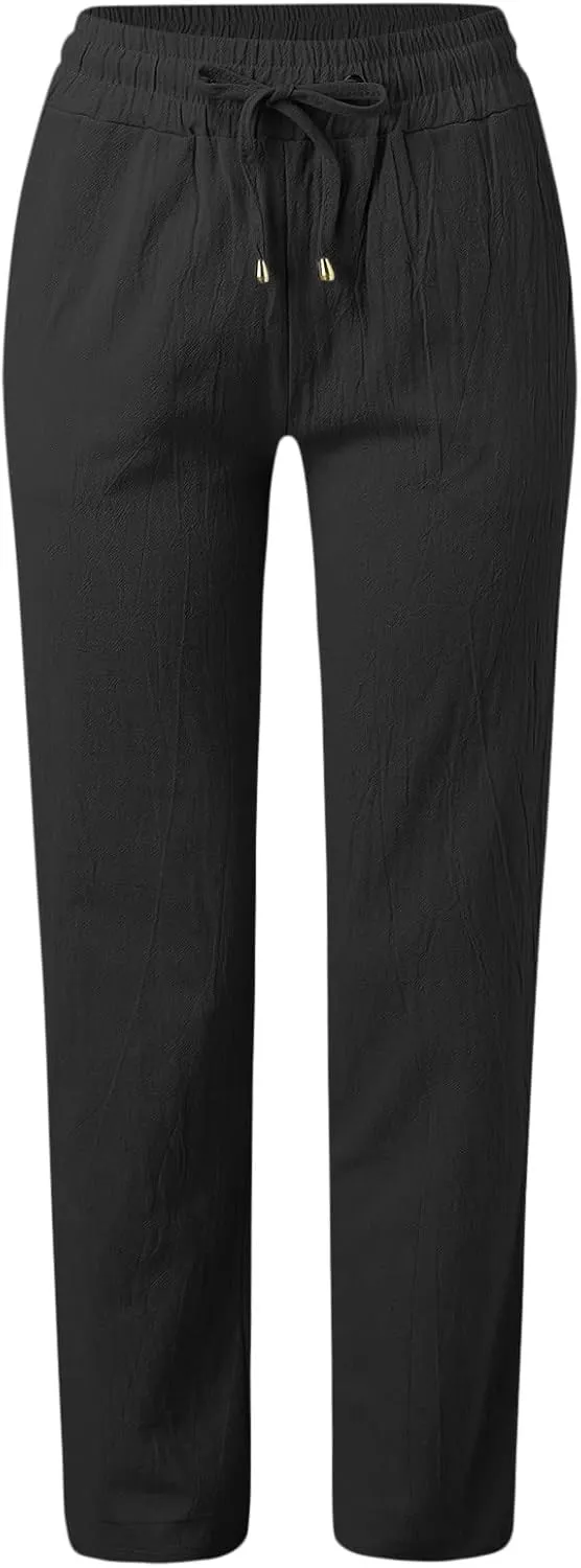 Women's Linen Pants Casual Summer Loose Beach Solid Color Plus Size High Waist Linen Pants Elastic Waist Streetwear Trousers