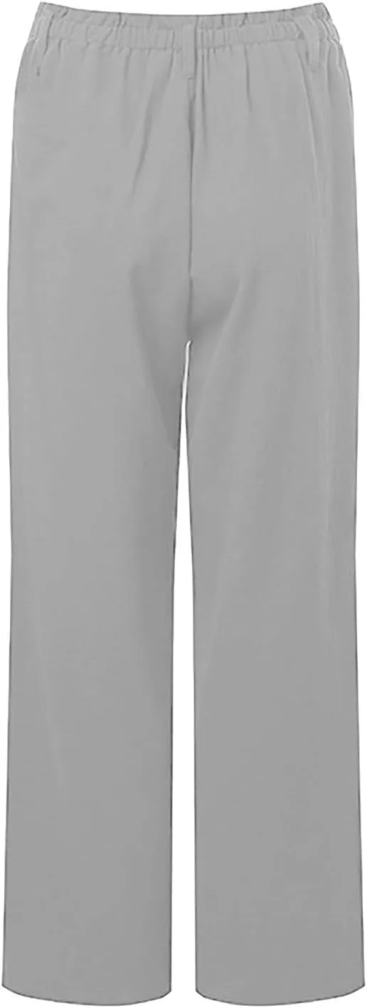 Women's Linen Pants Summer Cropped Wide Leg Trousers Pants Casual Lightweight Elastic Waist Work Pants with Pockets