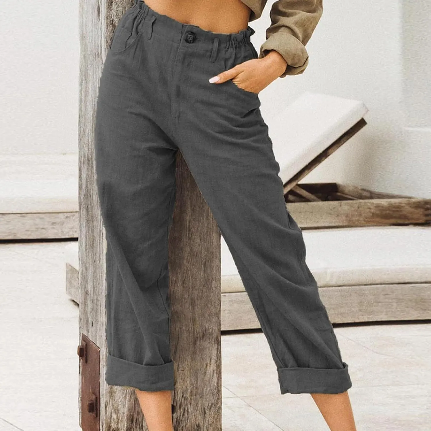 Women's Linen Pants Summer Cropped Wide Leg Trousers Pants Casual Lightweight Elastic Waist Work Pants with Pockets