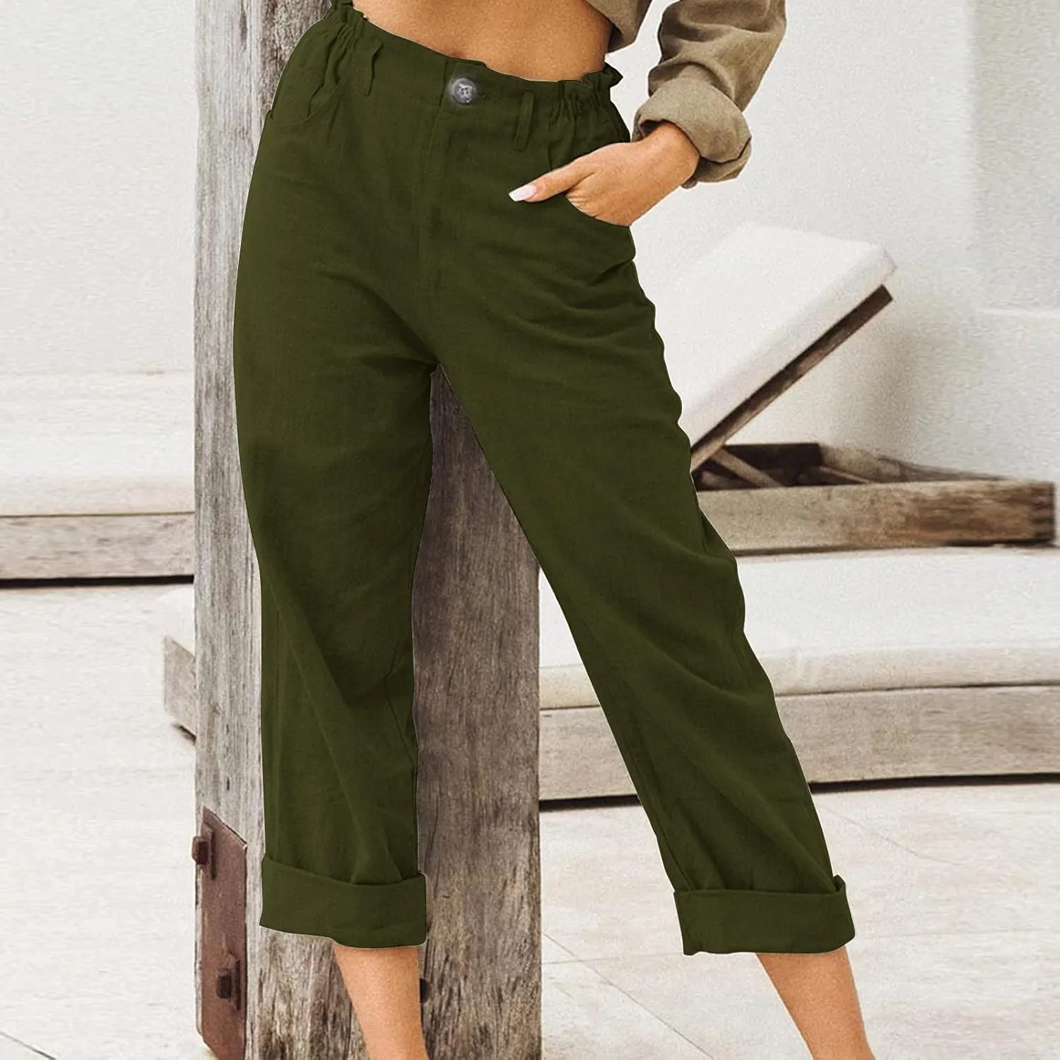Women's Linen Pants Summer Cropped Wide Leg Trousers Pants Casual Lightweight Elastic Waist Work Pants with Pockets