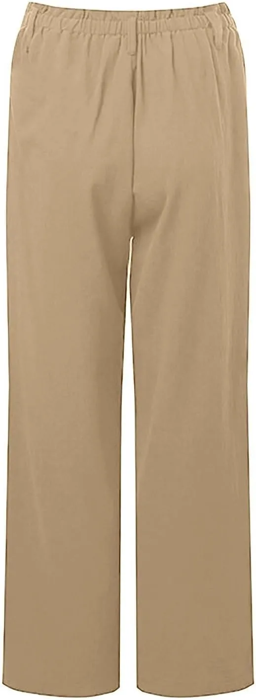 Women's Linen Pants Summer Cropped Wide Leg Trousers Pants Casual Lightweight Elastic Waist Work Pants with Pockets