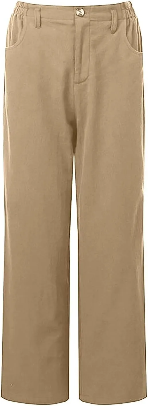 Women's Linen Pants Summer Cropped Wide Leg Trousers Pants Casual Lightweight Elastic Waist Work Pants with Pockets
