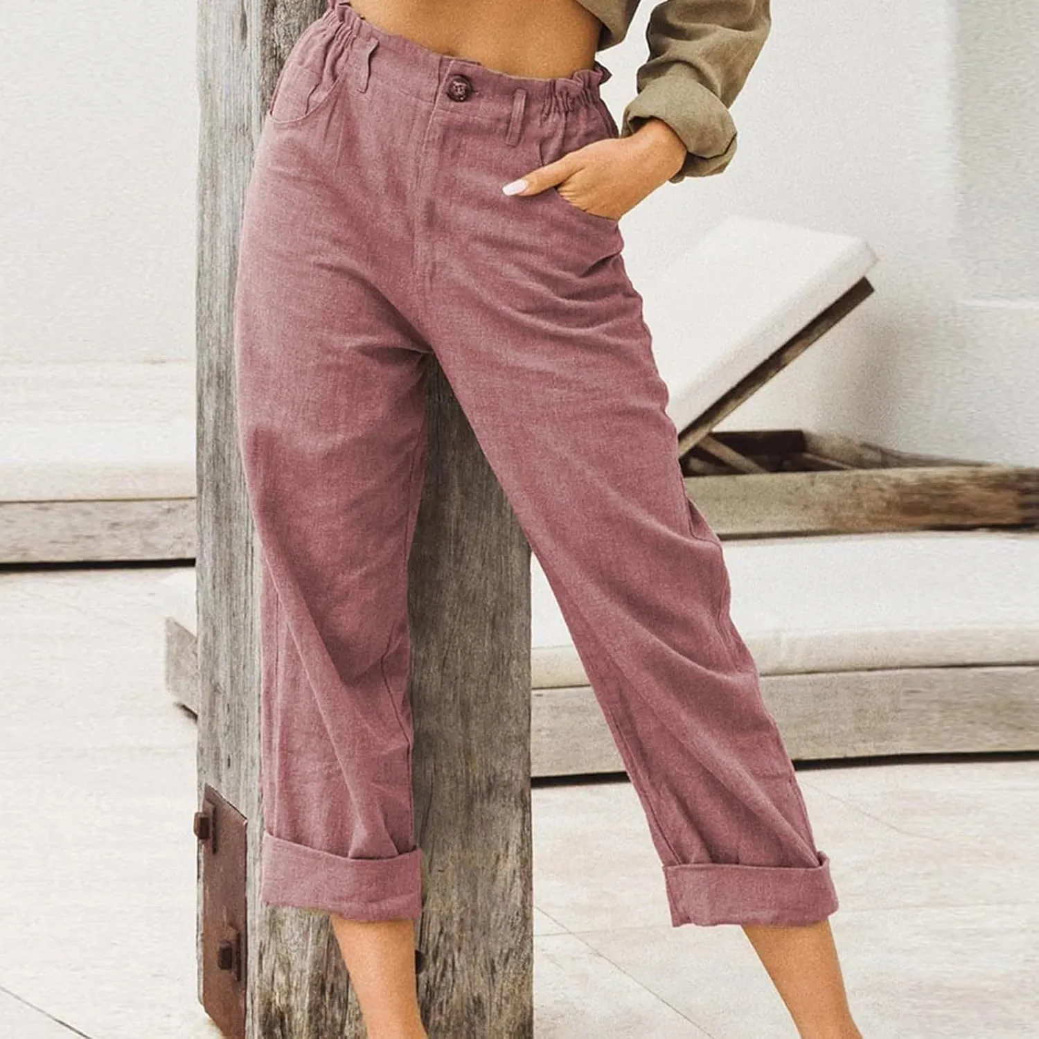 Women's Linen Pants Summer Cropped Wide Leg Trousers Pants Casual Lightweight Elastic Waist Work Pants with Pockets