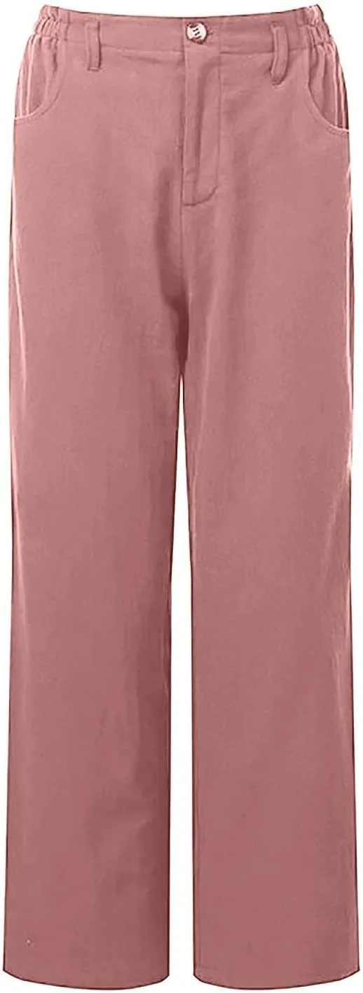 Women's Linen Pants Summer Cropped Wide Leg Trousers Pants Casual Lightweight Elastic Waist Work Pants with Pockets