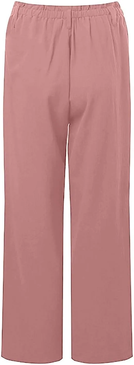 Women's Linen Pants Summer Cropped Wide Leg Trousers Pants Casual Lightweight Elastic Waist Work Pants with Pockets