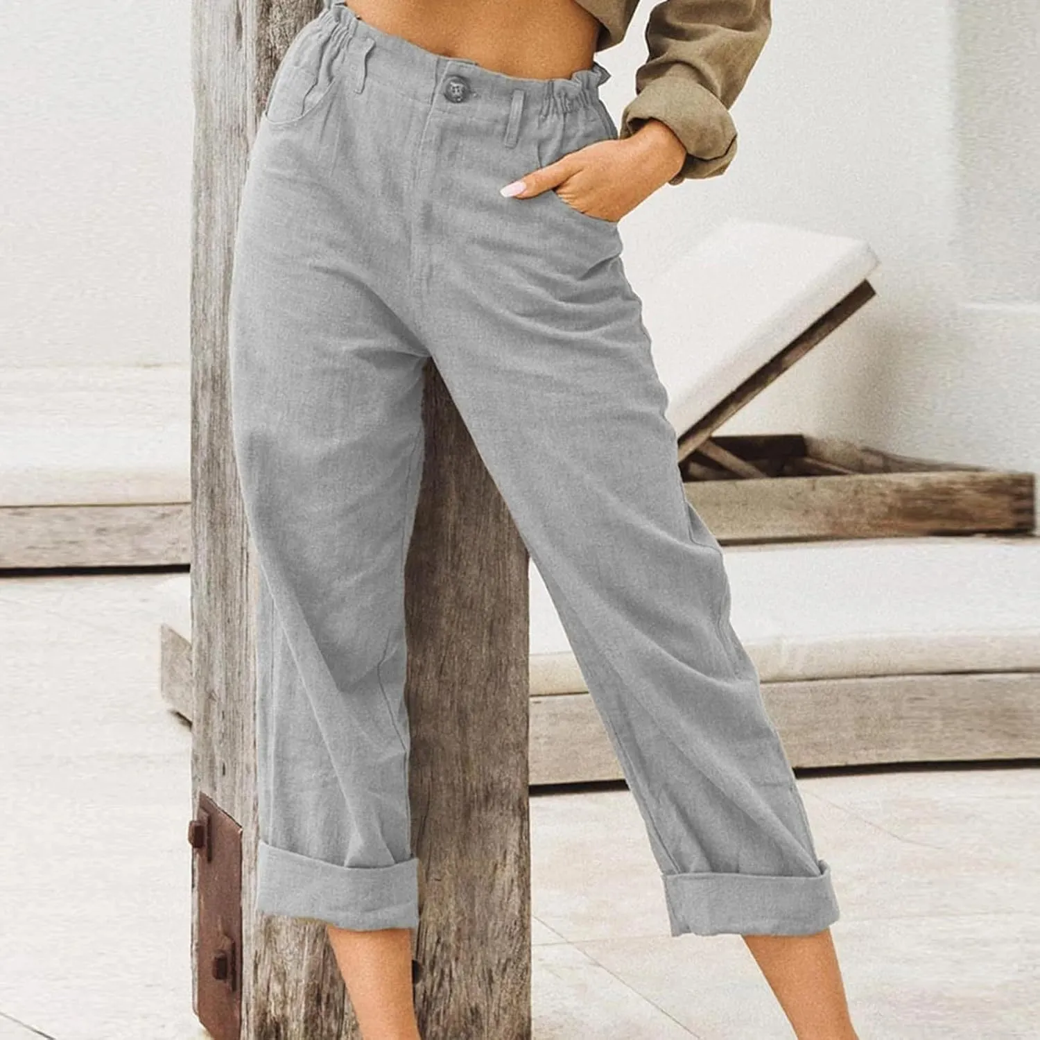 Women's Linen Pants Summer Cropped Wide Leg Trousers Pants Casual Lightweight Elastic Waist Work Pants with Pockets