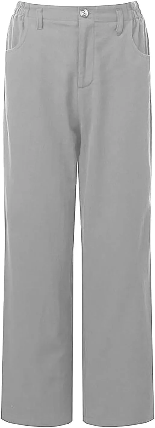 Women's Linen Pants Summer Cropped Wide Leg Trousers Pants Casual Lightweight Elastic Waist Work Pants with Pockets