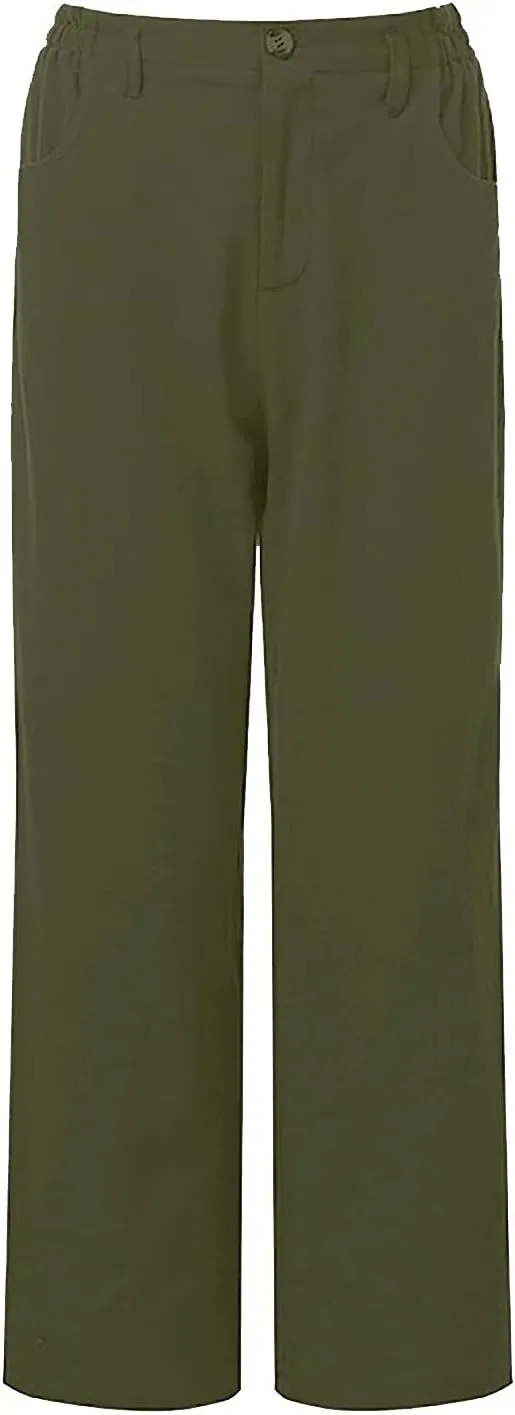 Women's Linen Pants Summer Cropped Wide Leg Trousers Pants Casual Lightweight Elastic Waist Work Pants with Pockets
