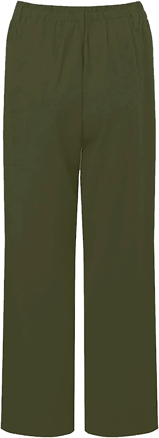 Women's Linen Pants Summer Cropped Wide Leg Trousers Pants Casual Lightweight Elastic Waist Work Pants with Pockets