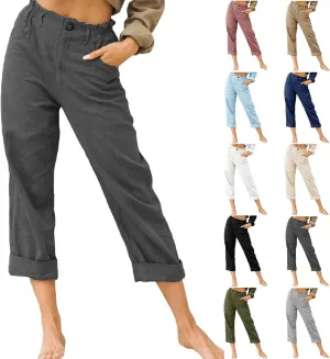 Women's Linen Pants Summer Cropped Wide Leg Trousers Pants Casual Lightweight Elastic Waist Work Pants with Pockets