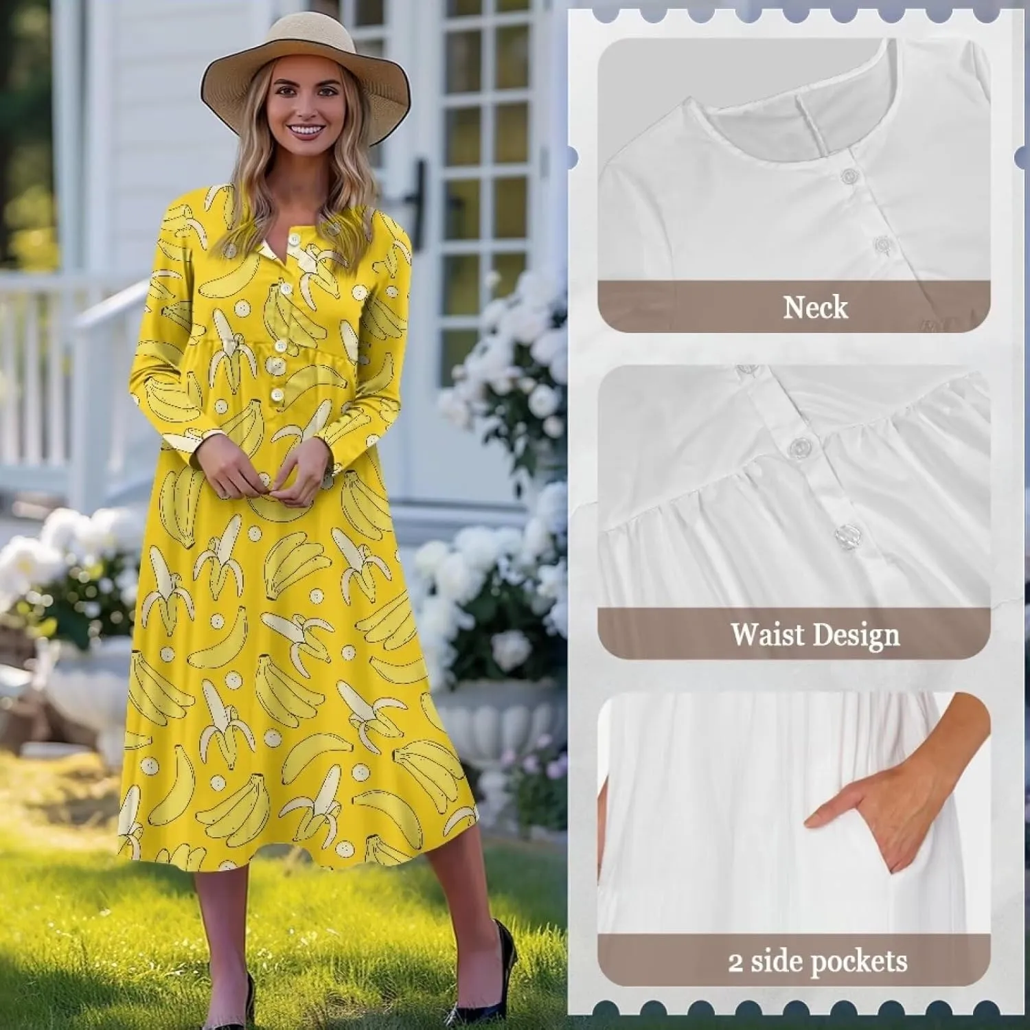 Women's Long Sleeve Oversized Maxi Dress Button Up Casual Style Loose Fall Vacation Dresses with Pockets